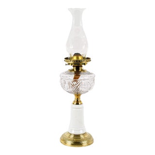 Antique Victorian Milk Glass, Crystal, and Brass Oil Lamp – Ornate 19th‑Century Table Lamp For Sale