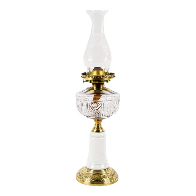 Antique Victorian Milk Glass, Crystal, and Brass Oil Lamp – Ornate 19th‑Century Table Lamp For Sale