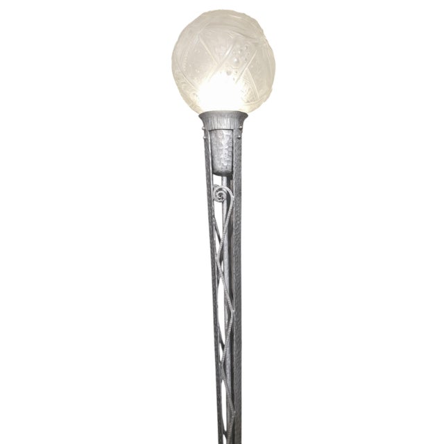French Art Deco Nickeled Iron and Art Glass Floor Lamp Signed Muller Freres 1930 For Sale - Image 11 of 12