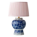 Antique Hand-Painted Chinoiserie Blue and White Ceramic Table Lamp with Silk Shade from Royal Delft, 1924 For Sale