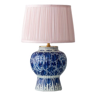 Antique Hand-Painted Chinoiserie Blue and White Ceramic Table Lamp with Silk Shade from Royal Delft, 1924 For Sale