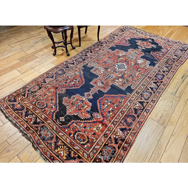 19th Century Persian Farahan Gallery Rug, Hand-Knotted Wool, Geometric Pattern, Red & Navy, 5x10 For Sale - Image 9 of 17