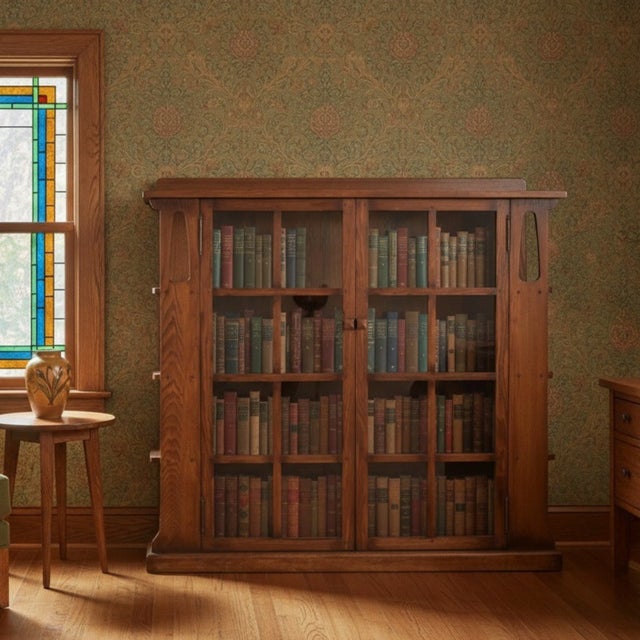 2020s Mission Double Door Bookcase With Side Shelves - Walnut (W1) For Sale - Image 5 of 8
