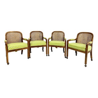 Mid 20th Century Set of Four Vintage Caned Back Rolling Armchairs With Upholstered Seats For Sale