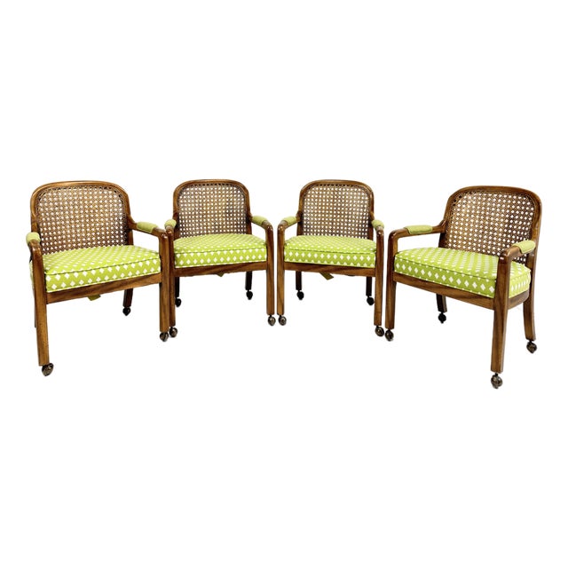 Mid 20th Century Set of Four Vintage Caned Back Rolling Armchairs With Upholstered Seats For Sale