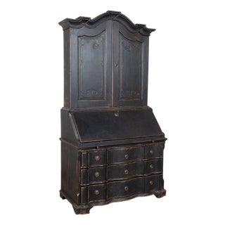 18th Century Danish Black Painted Oak Rococo Secretary Bureau For Sale