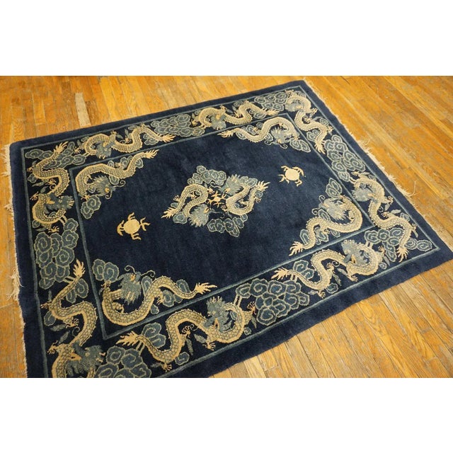 Chinese 1900s Blue Navy Dragon Antique Chinese Peking Carpet 4'8" X 5'10" Knotted Wool Rug For Sale - Image 3 of 15