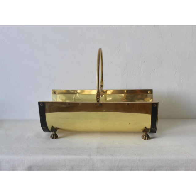 Mid-Century Modern Vintage Mid Century Modernist Gold Brass Black Finish Metal Firewood Log Holder Paw Footed For Sale - Image 3 of 10