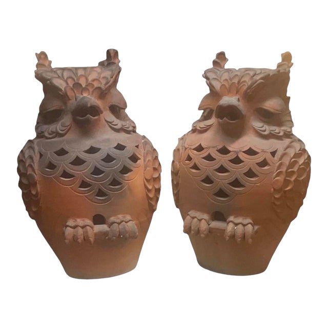 A Pair of Vintage Italian Style Terracotta Owl Garden Statues & Lanterns For Sale