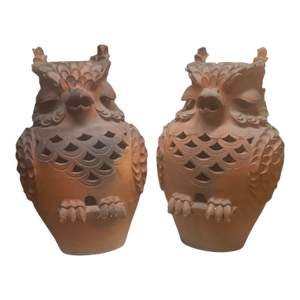 A Pair of Vintage Italian Style Terracotta Owl Garden Statues & Lanterns
