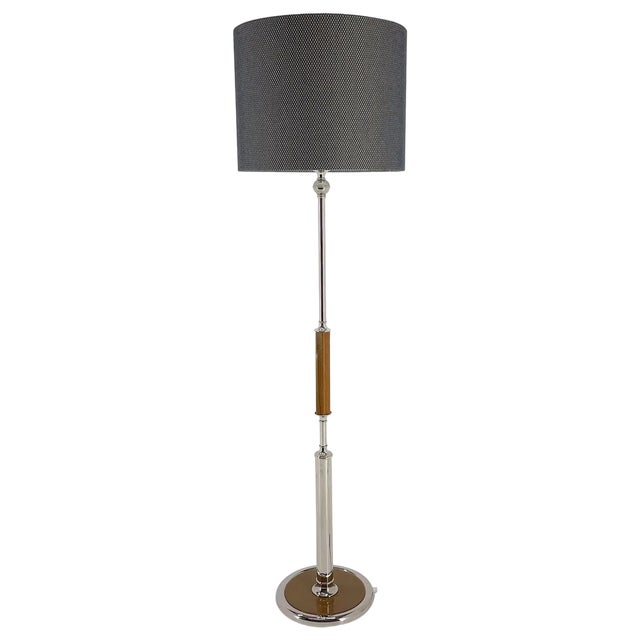 Chrome & Wood Floor Lamp, Czechoslovakia, 1950s For Sale
