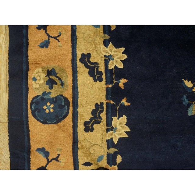 Navy Blue 1920s Antique Chinese Floral Navy Deep Serene Landscape Deco Peking Knotted Rug For Sale - Image 8 of 10