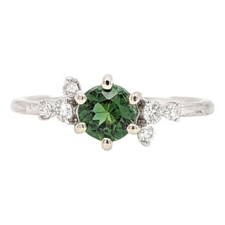 Dainty Green Tourmaline Ring With Natural Diamond Accents: Solid 14k Gold, 5mm For Sale