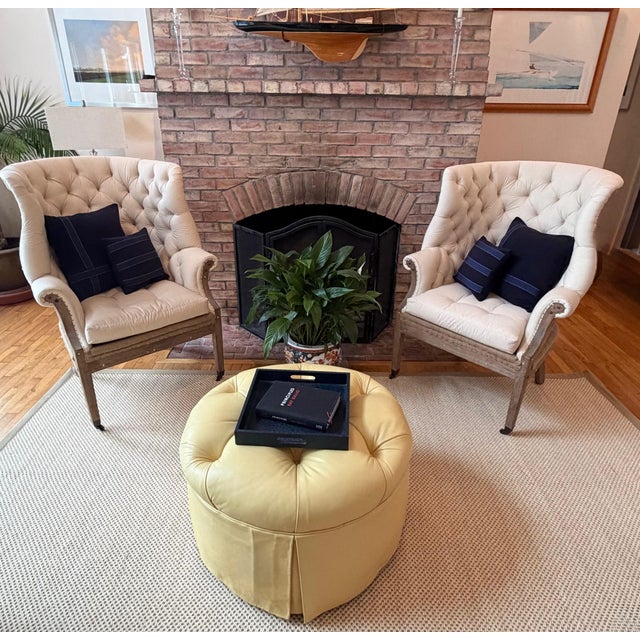 2010s Custom Butter Yellow Tufted Leather Ottoman, Footstool For Sale - Image 5 of 18