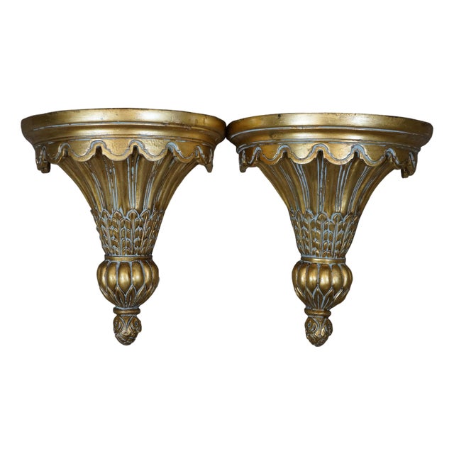 2 Italian Baroque Style Gold Scalloped Demilune Corbel Wall Shelf Sconces 13" For Sale