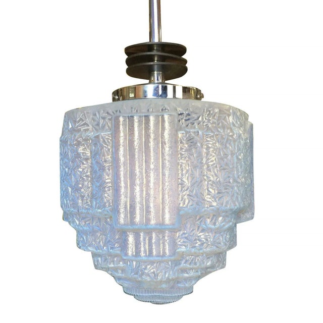 Art Deco Streamline Ceiling Pendant W Textured Blue Glass Stepped Glass Globe 3 Available For Sale - Image 3 of 5