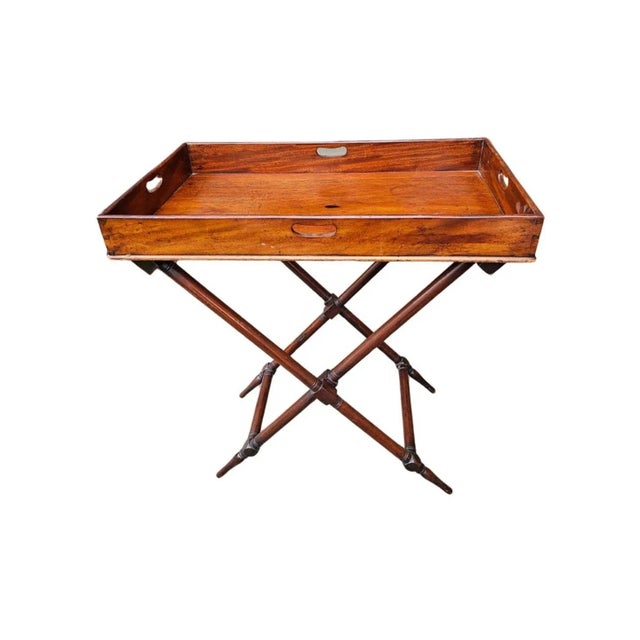 19th Century English Mahogany Butler's folding Tray Table. Newer Base Measures 32" in width, 19.5" in depth and stand...