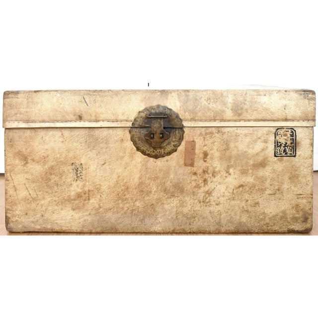1900s Chinese Import Leather Parchment Traveling Trunk For Sale - Image 13 of 13