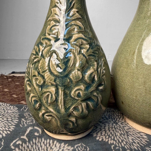 Celadon Ikebana Vases with Floral Relief by Noma Gazan, Japan, 1970s, Set of 2 For Sale - Image 12 of 17