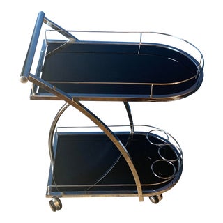 1970s Vintage Italian Style Chrome and Black Glass “Trolley” Bar Cart For Sale