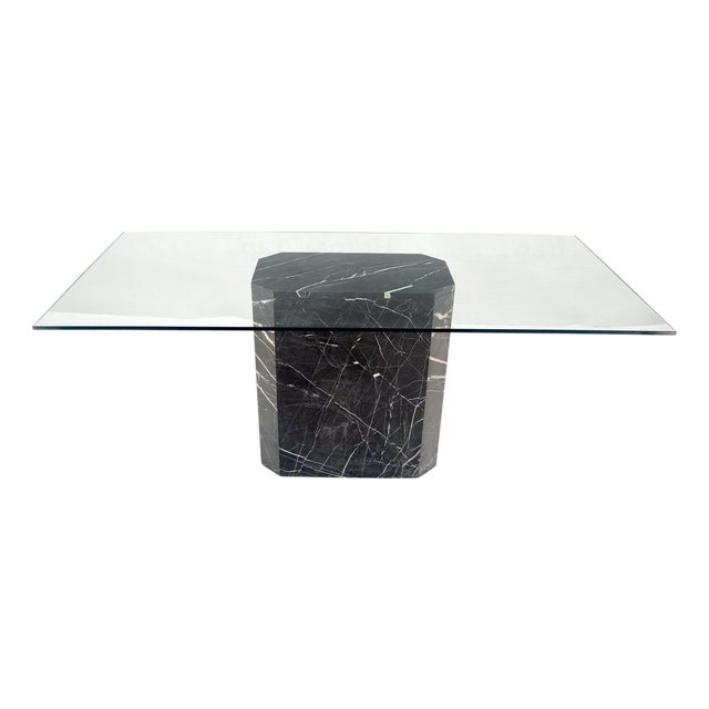 Italian Black Marble Base 35x71" Thick Glass Top Dining Conference Table For Sale