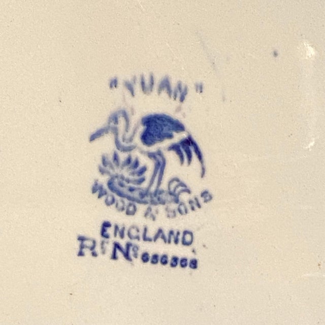 1920s Antique Blue and White Platter Made in England by Wood & Sons Yuan Pattern Circa 1927 For Sale - Image 5 of 7