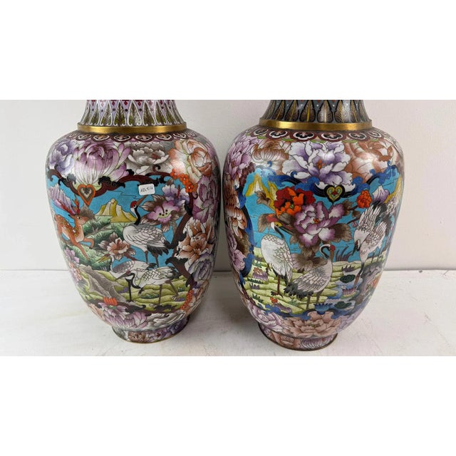Pair of Large Chinese Cloisonne Enamel Vases Deer Animals Flowers Pink For Sale - Image 9 of 9