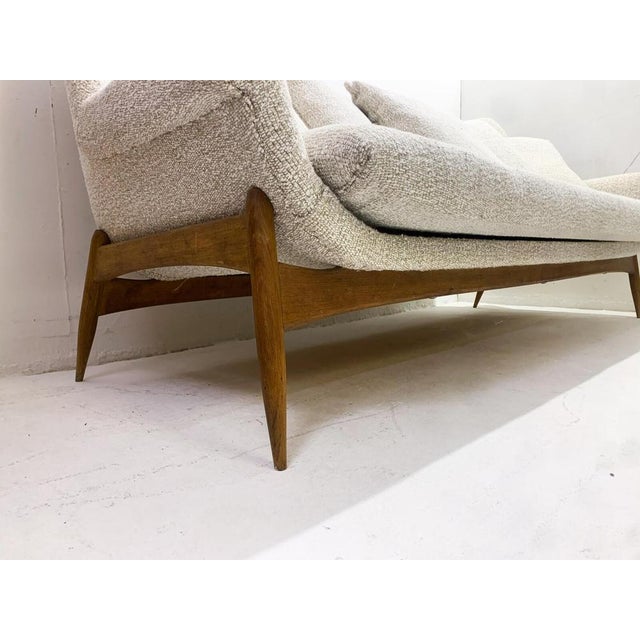 Mid-Century Modern sofa by Julia Gaubek, beige upholstery, Hungary, 1950s. New upholstery.