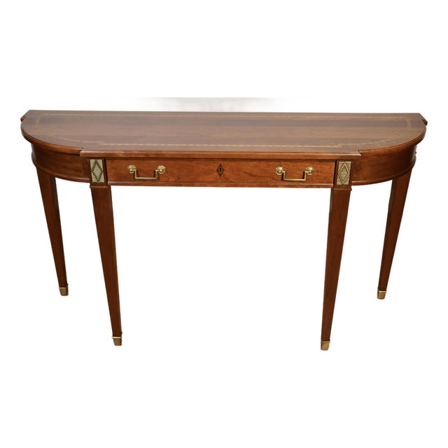 1970s Stickley English Traditional Cherry Satinwood Inlay Console Table Accent Table For Sale