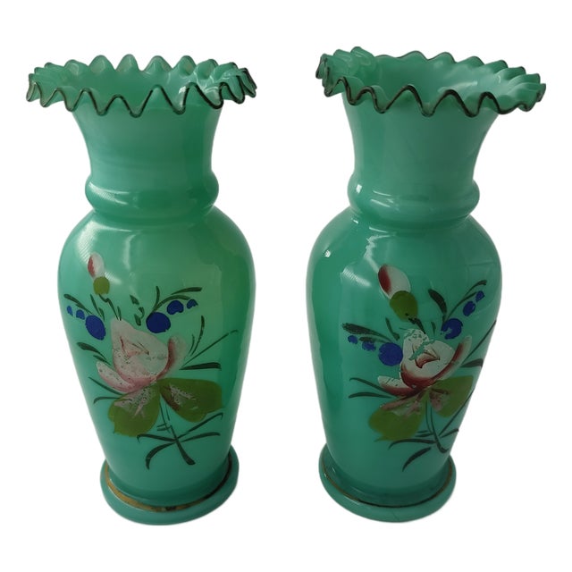 Victorian Art Nouveau Bristol Mouth-Blown Vases, 1950s, Set of 2 For Sale