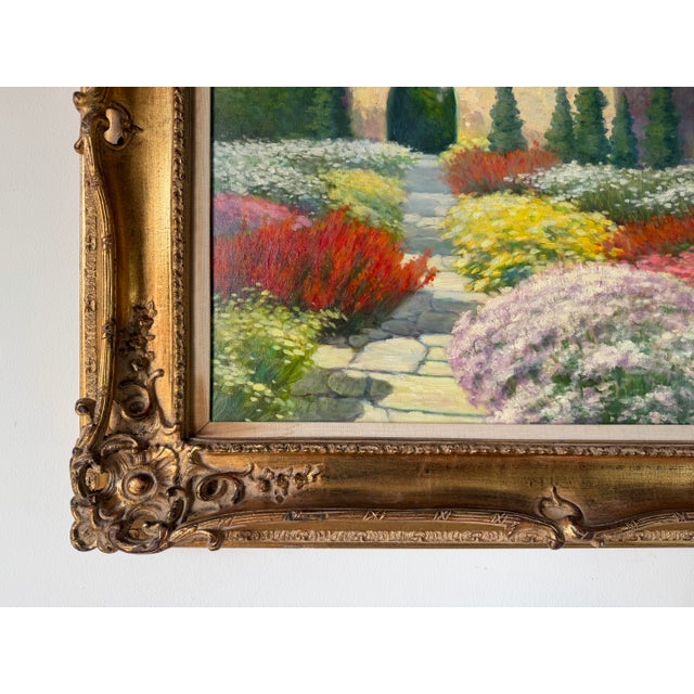 Green 1990's Joe Yu Impressionist Garden Entrance Landscape Oil on Canvas Painting – Framed For Sale - Image 8 of 12