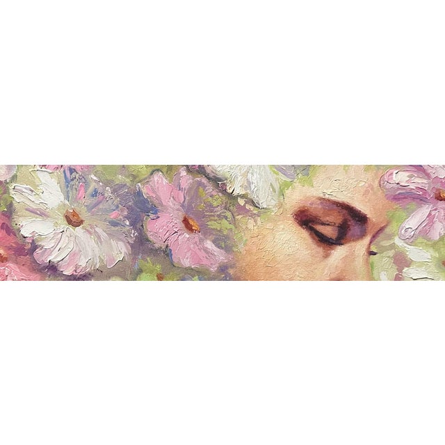Amongst the Petals by Dominic Harman | Oil On Board Portrait of a woman surrounded by flowers For Sale - Image 4 of 4
