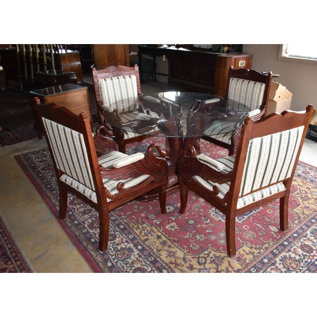Vintage Carved Dining Set Table 4 Chairs Glass Top, Koi/Fish Swan Carved Dining Set Table- Set of 6 For Sale - Image 10 of 12