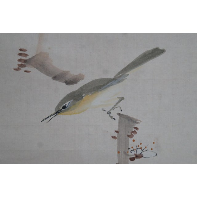 White Antique Signed Asian Watercolor on Paper Scroll Bird on Cherry Blossom Branch For Sale - Image 8 of 13