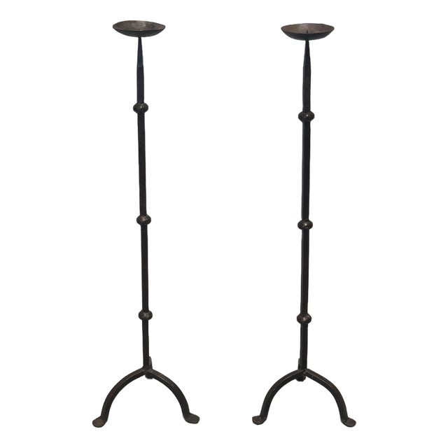 Vintage Brutalist Iron Floor Candleholders, Set of 2 For Sale