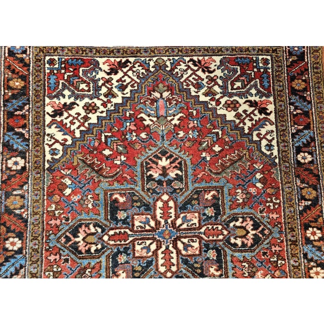 Mid 20th Century Vintage Heriz Area Rug, Handwoven Geometric Pattern, Red & Navy, 5’ X 7’ For Sale - Image 5 of 11