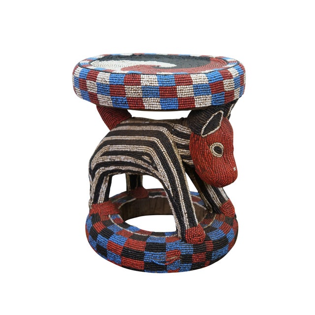 African Late 20th Century African Cameroon Bamileke Tribal Beaded Zoomorphic Side Table Stool 16" For Sale - Image 3 of 16