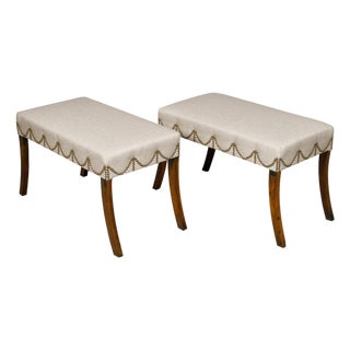 19th Century Pair of English Regency Mahogany Stools with Saber Legs and Custom Upholstery For Sale