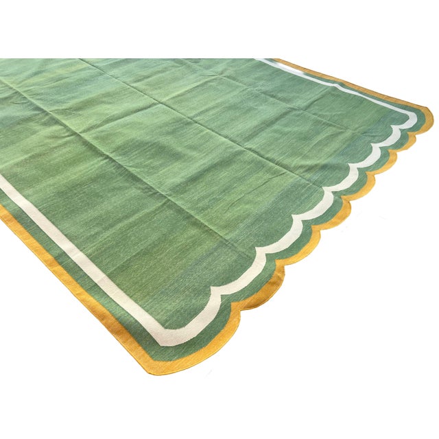 Textile Handmade Cotton Area Scalloped Dhurrie, Moss Green, Cream and Mustard Border Rug-9'x12' For Sale - Image 7 of 13