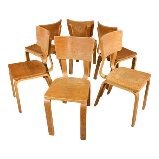 Set 6 Mid-20th Century Mid Century Modern Thonet #1216 Dining Chairs Bent Oak Plywood Saddle Seat Single Bow For Sale