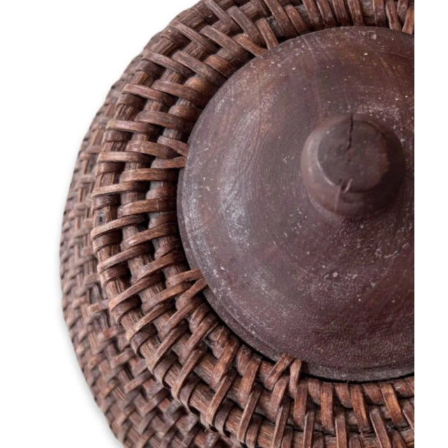 Chinoiserie Boho Chic Large Handwoven Rattan and Wood Ginger Jar With Lid From the Philippines For Sale - Image 3 of 12