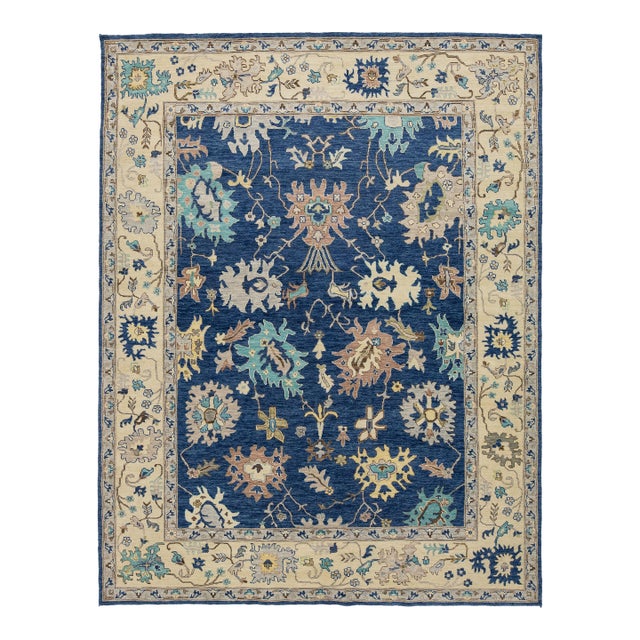 Contemporary Hand-Knotted Wool Modern Oushak Style Area Rug in Indigo Blue For Sale