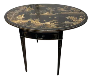 Vintage Black Lacquer Chinoiserie Drop-Leaf Table With Drawers
