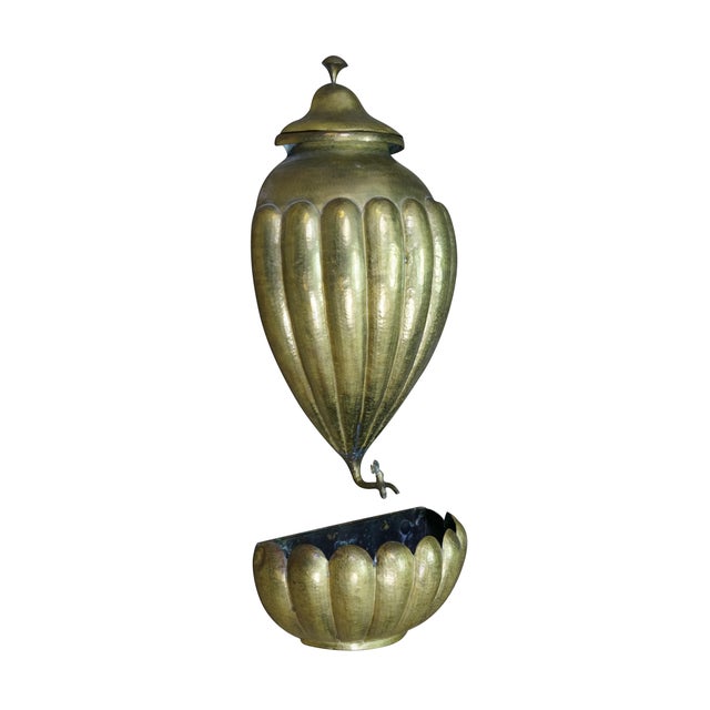 This vintage brass wall lavabo set features a dramatic, hand-hammered melon-lobed fluting that creates a textured, golden-...