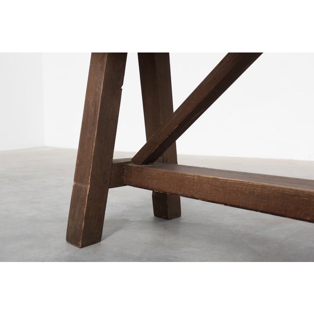 Antique French Rustic Oak Trestle Bench, 1890s For Sale - Image 4 of 14