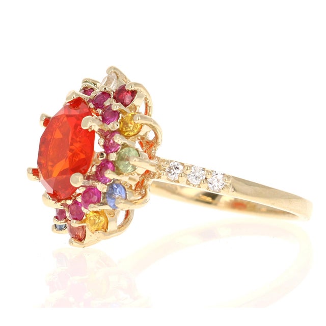 2.94 Carat Fire Opal Sapphire Diamond Yellow Gold Ring For Sale - Image 4 of 6