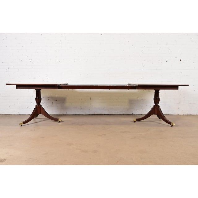 Kindel Furniture Georgian Banded Mahogany Double Pedestal Extension Dining Table, Newly Refinished For Sale In South Bend - Image 6 of 13