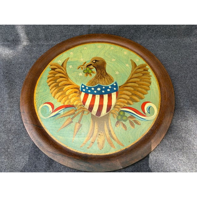 Brown Vintage Round Wooden Hand Painted Eagle With Shield Wall Decor For Sale - Image 8 of 13