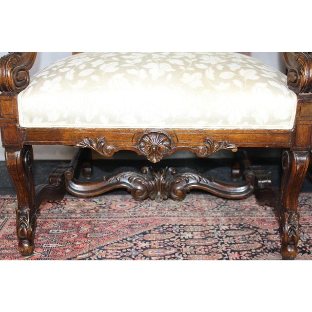 Late 19th Century Antique French Louis XIV Style Carved Walnut Ivory White Arm Chairs - Set of 2 For Sale - Image 5 of 18