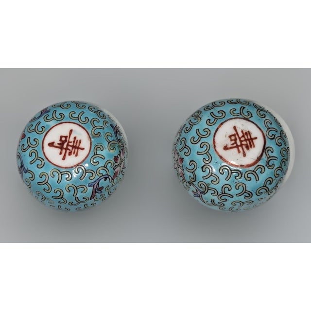 Ceramic Chinese Famille Rose Turquoise "Mun Shou" Longevity Ginger Jars - A Pair For Sale - Image 7 of 11